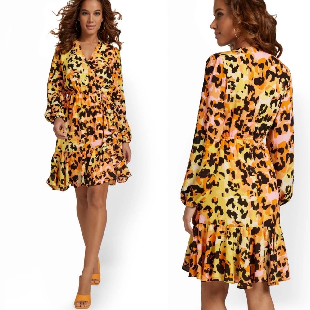New York & Company Cheetah Wrap Ruffle Tie Dress
